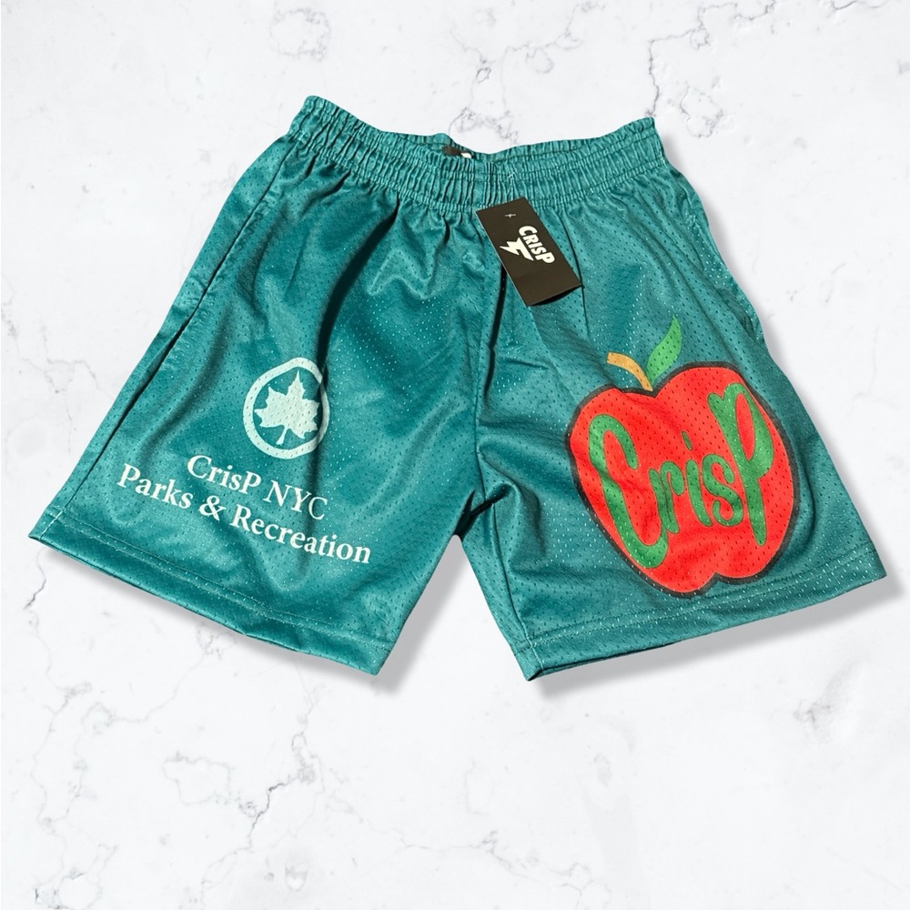 Nyc green mesh shorts with apple design
